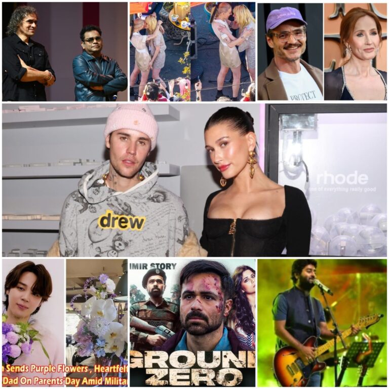 Collage of celebrities and entertainment moments including Justin Bieber, Hailey Bieber, BTS's Jimin, Arijit Singh, and scenes from Ground Zero.