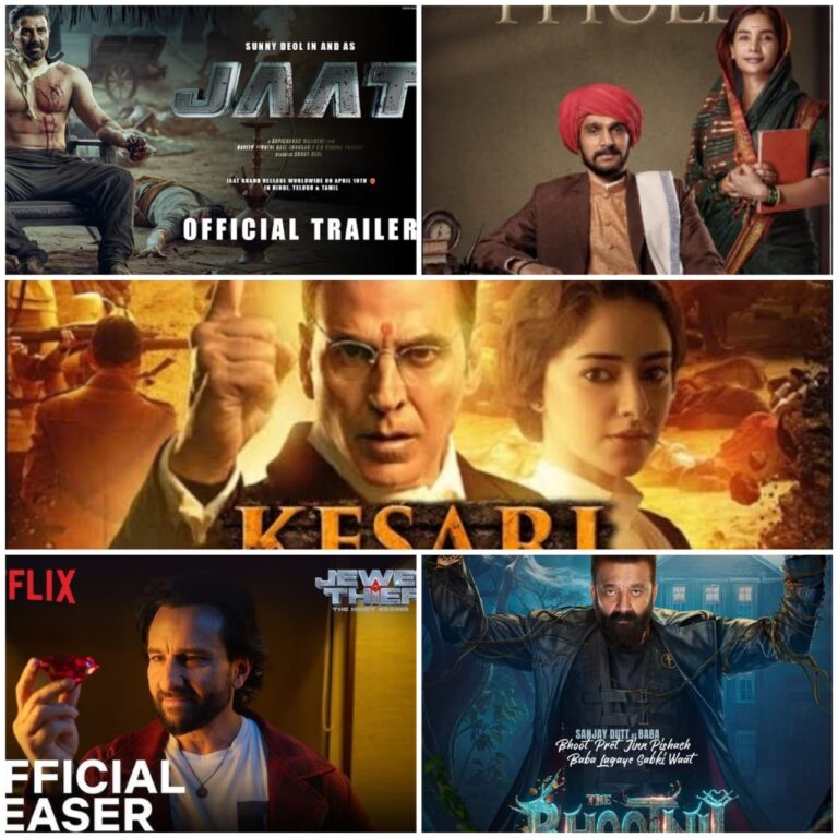 "A collage of upcoming Bollywood movies releasing in April 2025, featuring posters of 'Jaat' starring Sunny Deol, 'Kesari' with Akshay Kumar, and other highly anticipated films."