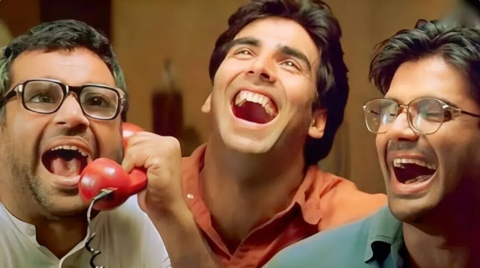 "Hera Pheri iconic trio – Paresh Rawal, Akshay Kumar, and Suniel Shetty laughing in a classic scene from the Bollywood comedy film."