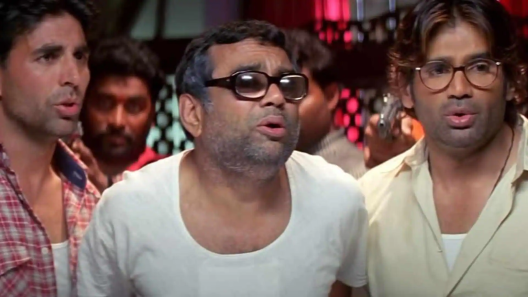 "Hera Pheri trio – Akshay Kumar, Paresh Rawal, and Suniel Shetty in a shocked expression from the classic Bollywood comedy film."